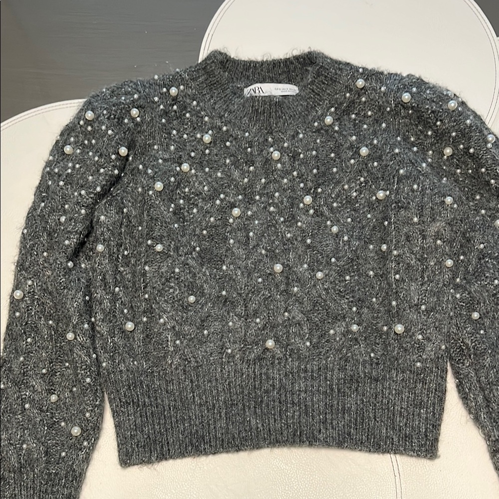 Zara Gray Crew Neck Sweater with Sparkly Embellishments
